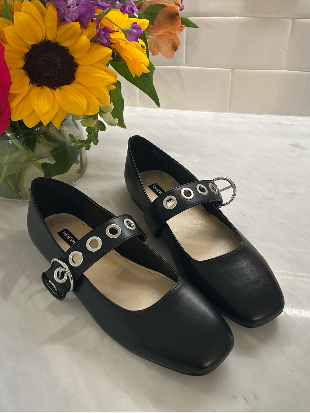 Nine West Black Mary Jane Flats with Silver Grommet Strap